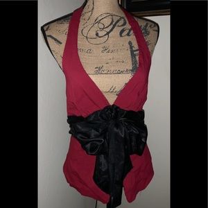 Wine Red Halter Top with Satin Bow